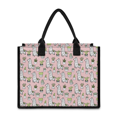 Cartoon Cactus And Llama Pattern Print Canvas Tote Bag