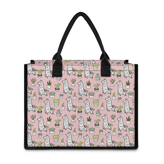 Cartoon Cactus And Llama Pattern Print Canvas Tote Bag