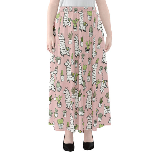 Cartoon Cactus And Llama Pattern Print Chiffon Maxi Skirt
