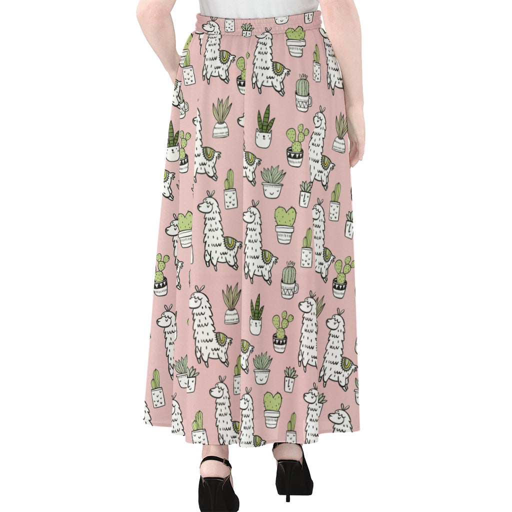 Cartoon Cactus And Llama Pattern Print Chiffon Maxi Skirt