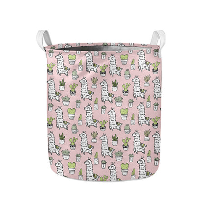 Cartoon Cactus And Llama Pattern Print Collapsible Laundry Basket