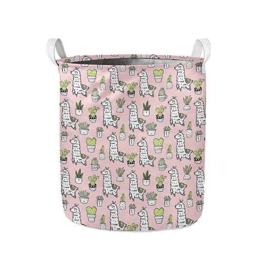 Cartoon Cactus And Llama Pattern Print Collapsible Laundry Basket