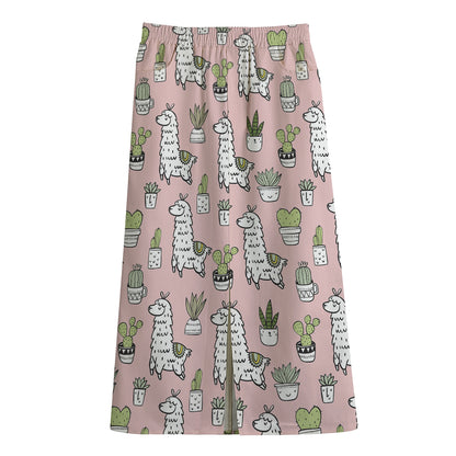 Cartoon Cactus And Llama Pattern Print Cotton Front Slit Maxi Skirt