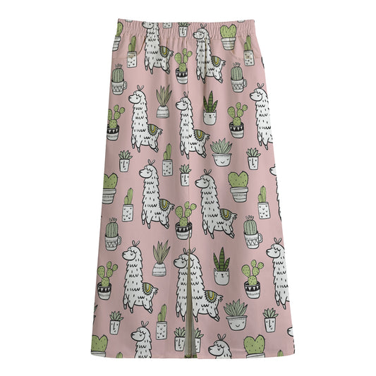 Cartoon Cactus And Llama Pattern Print Cotton Front Slit Maxi Skirt