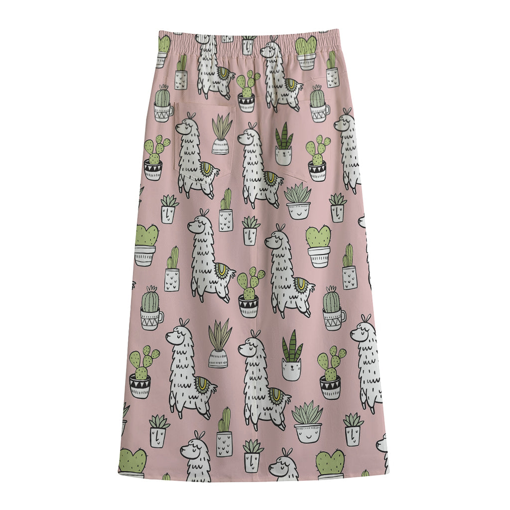 Cartoon Cactus And Llama Pattern Print Cotton Front Slit Maxi Skirt