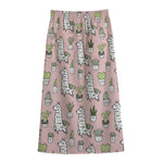 Cartoon Cactus And Llama Pattern Print Cotton Front Slit Maxi Skirt