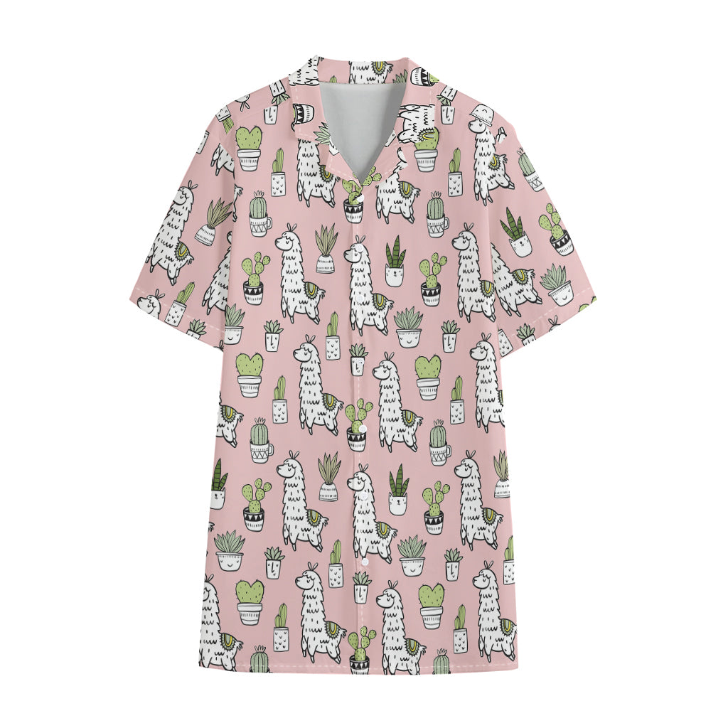 Cartoon Cactus And Llama Pattern Print Cotton Hawaiian Shirt