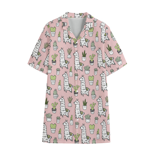 Cartoon Cactus And Llama Pattern Print Cotton Hawaiian Shirt