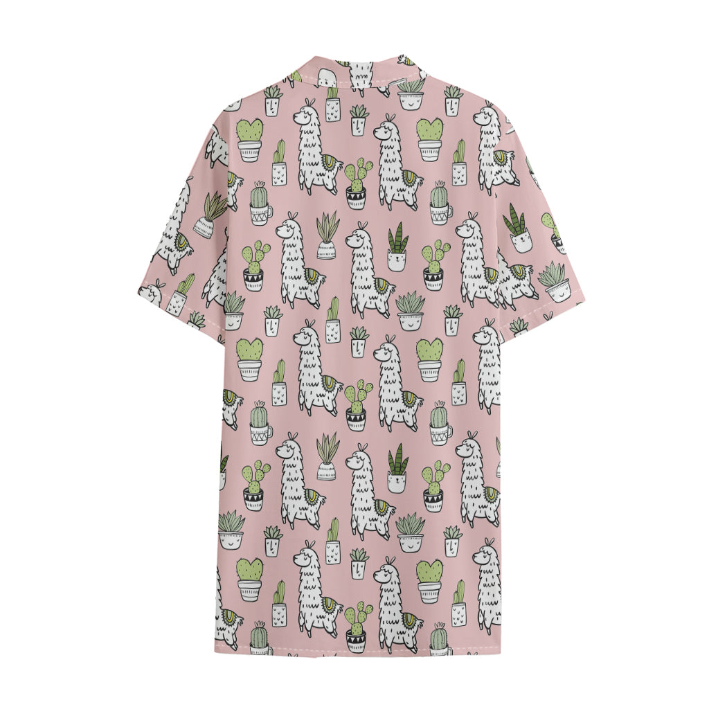 Cartoon Cactus And Llama Pattern Print Cotton Hawaiian Shirt