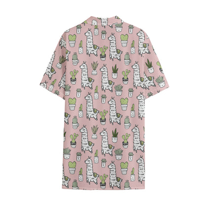 Cartoon Cactus And Llama Pattern Print Cotton Hawaiian Shirt