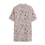 Cartoon Cactus And Llama Pattern Print Cotton Hawaiian Shirt