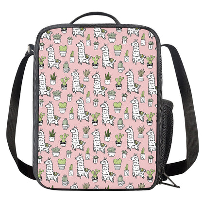 Cartoon Cactus And Llama Pattern Print Crossbody Lunch Bag