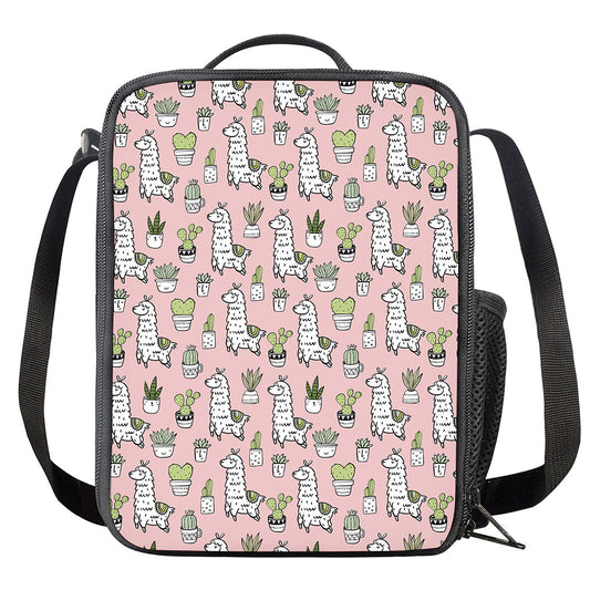 Cartoon Cactus And Llama Pattern Print Crossbody Lunch Bag