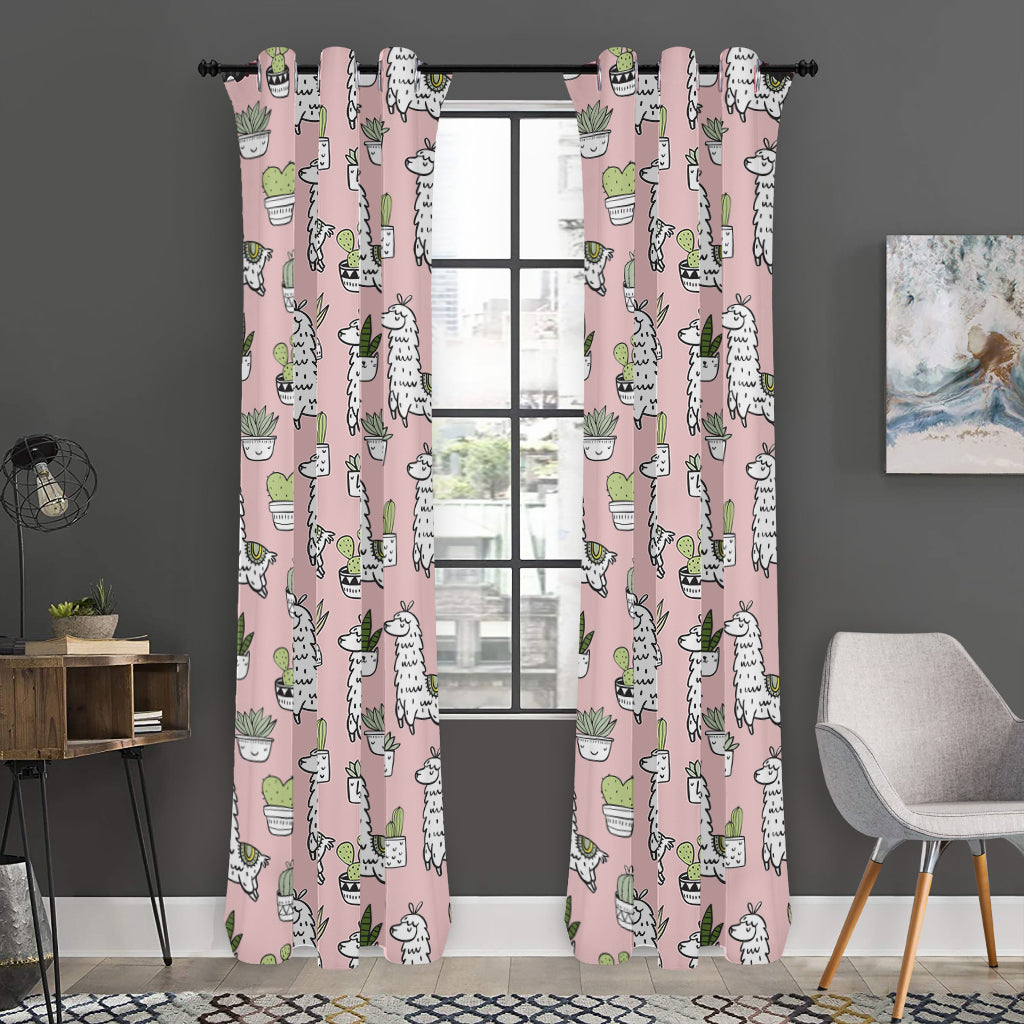 Cartoon Cactus And Llama Pattern Print Curtain
