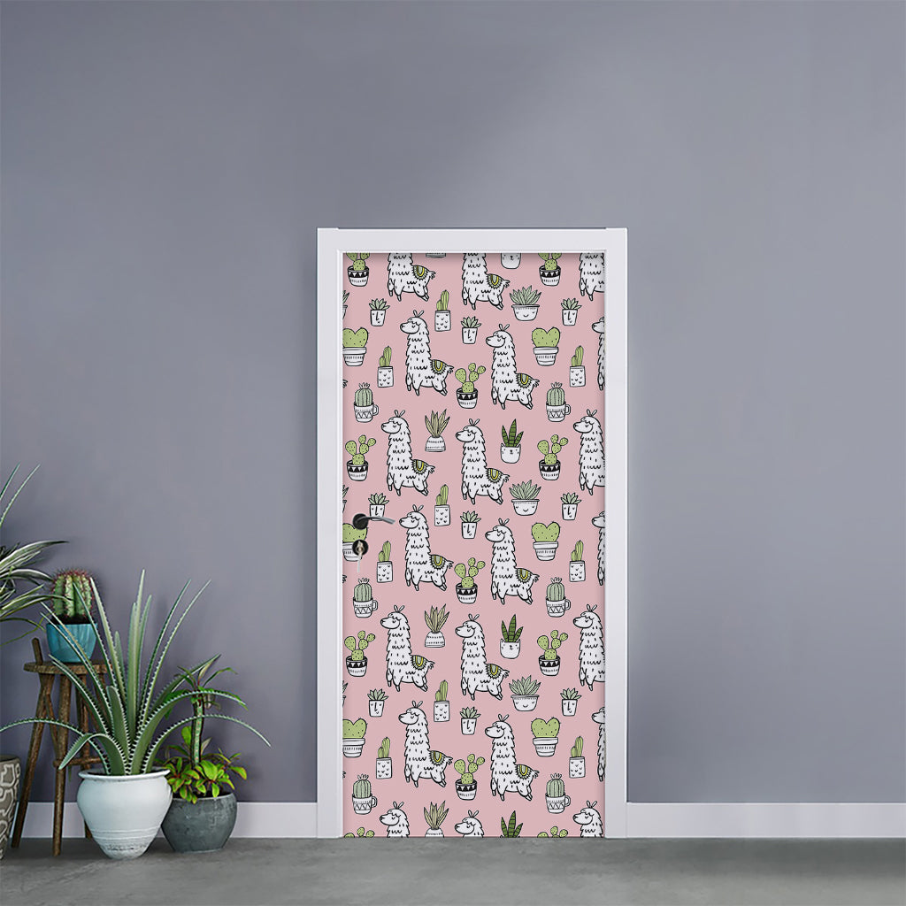 Cartoon Cactus And Llama Pattern Print Door Sticker