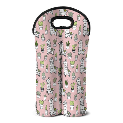 Cartoon Cactus And Llama Pattern Print Double Neoprene Wine Tote