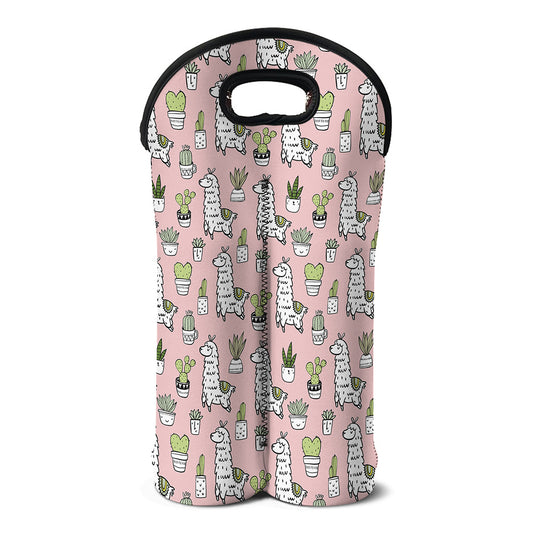 Cartoon Cactus And Llama Pattern Print Double Neoprene Wine Tote