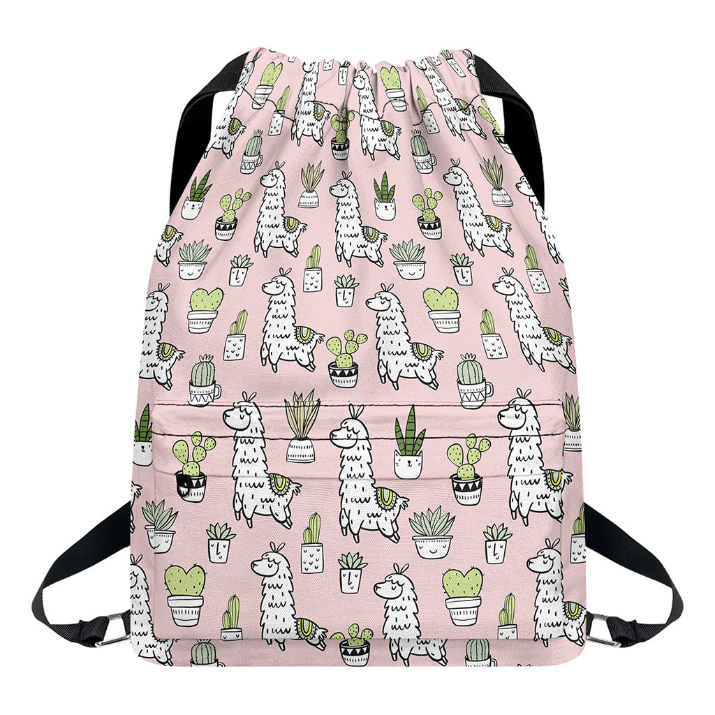 Cartoon Cactus And Llama Pattern Print Drawstring Backpack