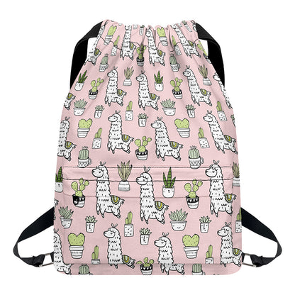 Cartoon Cactus And Llama Pattern Print Drawstring Backpack