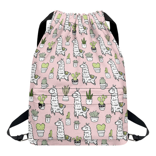 Cartoon Cactus And Llama Pattern Print Drawstring Backpack