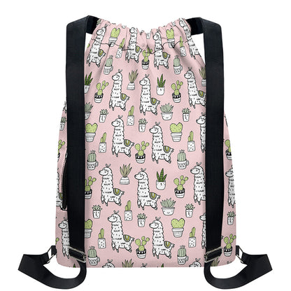 Cartoon Cactus And Llama Pattern Print Drawstring Backpack
