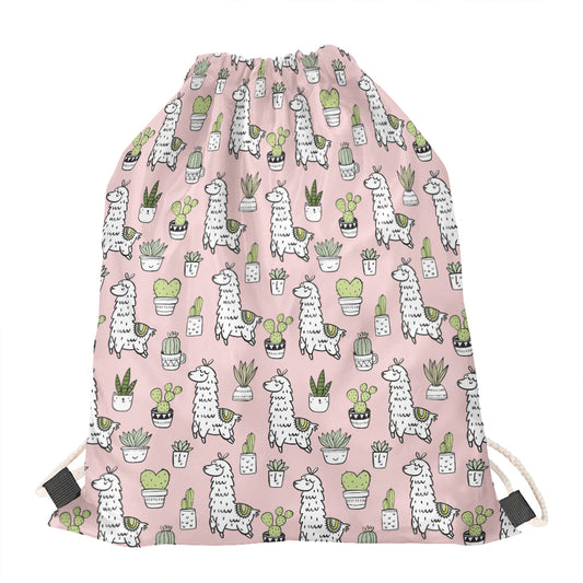 Cartoon Cactus And Llama Pattern Print Drawstring Bag