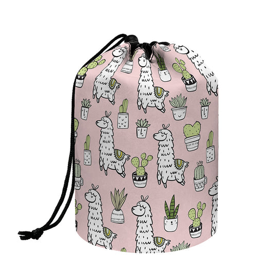 Cartoon Cactus And Llama Pattern Print Drawstring Makeup Bag