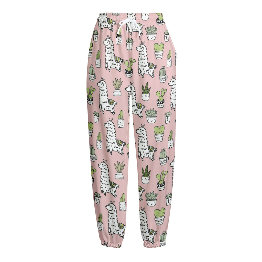 Cartoon Cactus And Llama Pattern Print Fleece Lined Knit Pants