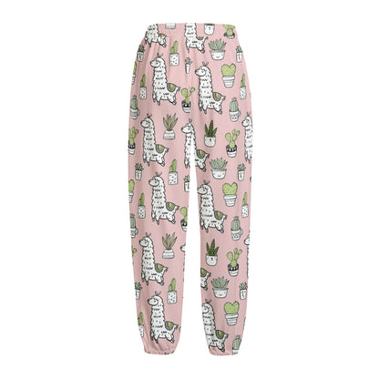 Cartoon Cactus And Llama Pattern Print Fleece Lined Knit Pants