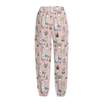 Cartoon Cactus And Llama Pattern Print Fleece Lined Knit Pants