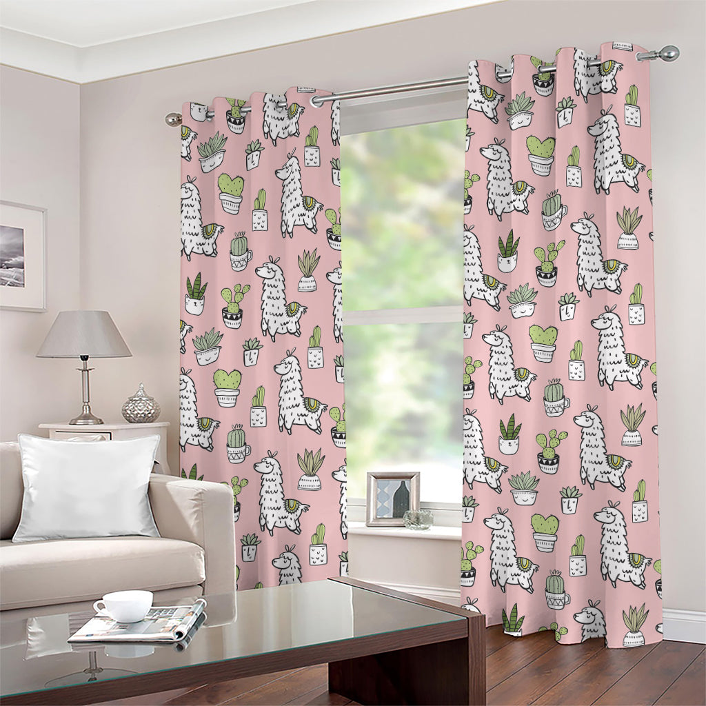 Cartoon Cactus And Llama Pattern Print Grommet Curtains