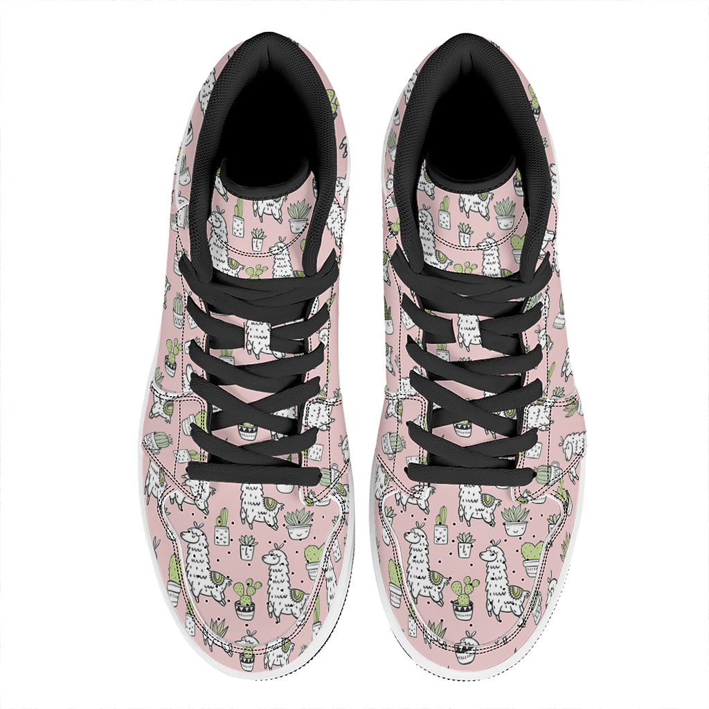 Cartoon Cactus And Llama Pattern Print High Top Leather Sneakers