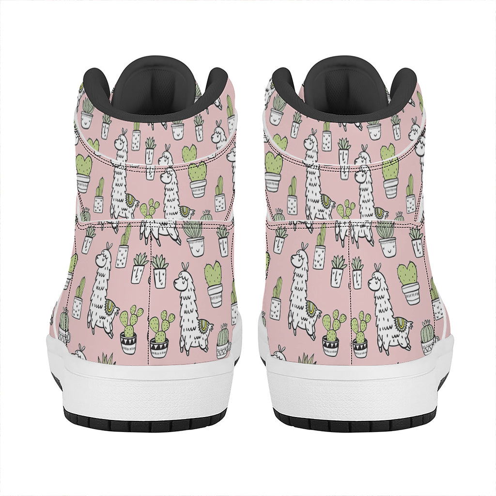 Cartoon Cactus And Llama Pattern Print High Top Leather Sneakers