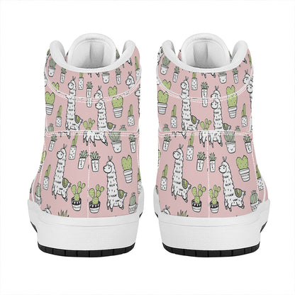 Cartoon Cactus And Llama Pattern Print High Top Leather Sneakers