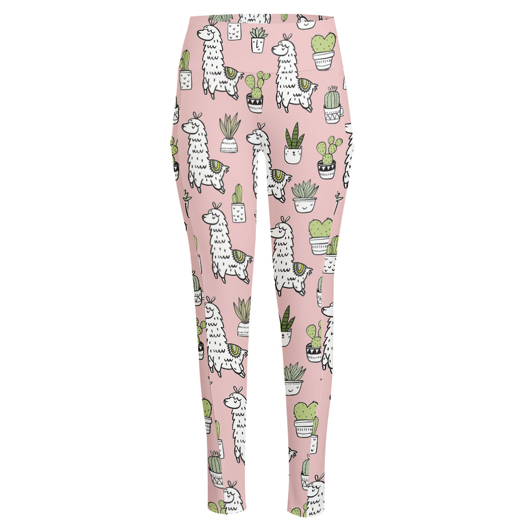 Cartoon Cactus And Llama Pattern Print High-Waisted Pocket Leggings