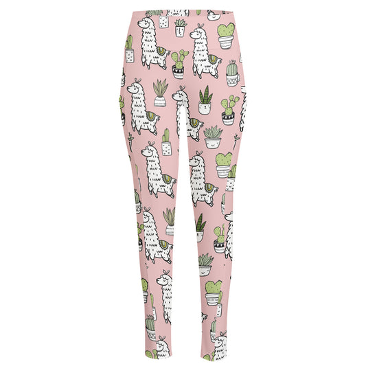 Cartoon Cactus And Llama Pattern Print High-Waisted Pocket Leggings