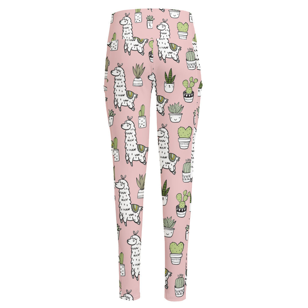 Cartoon Cactus And Llama Pattern Print High-Waisted Pocket Leggings