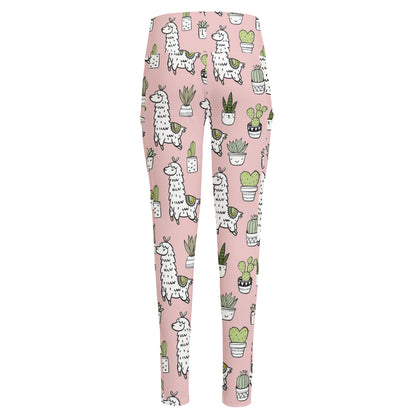 Cartoon Cactus And Llama Pattern Print High-Waisted Pocket Leggings