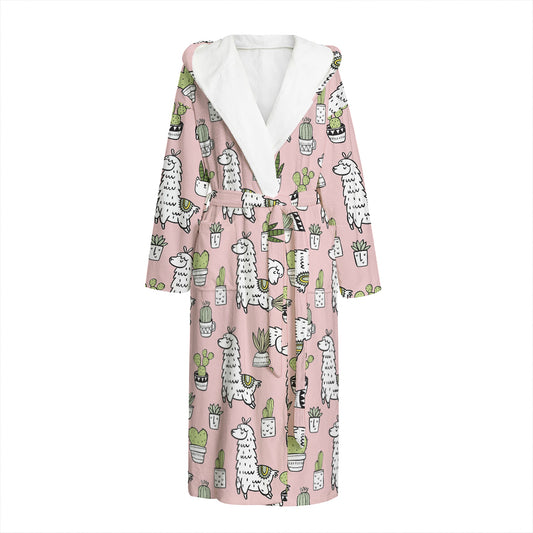 Cartoon Cactus And Llama Pattern Print Hooded Bathrobe