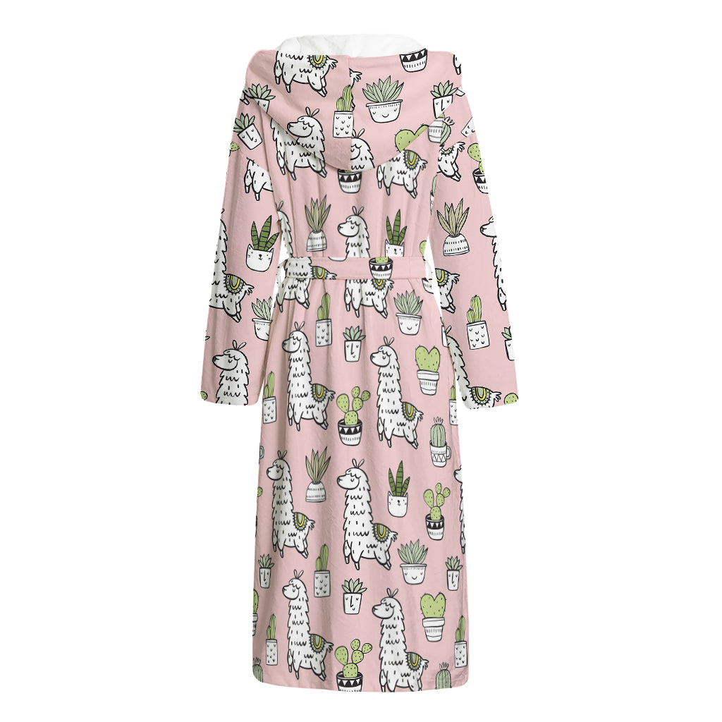 Cartoon Cactus And Llama Pattern Print Hooded Bathrobe