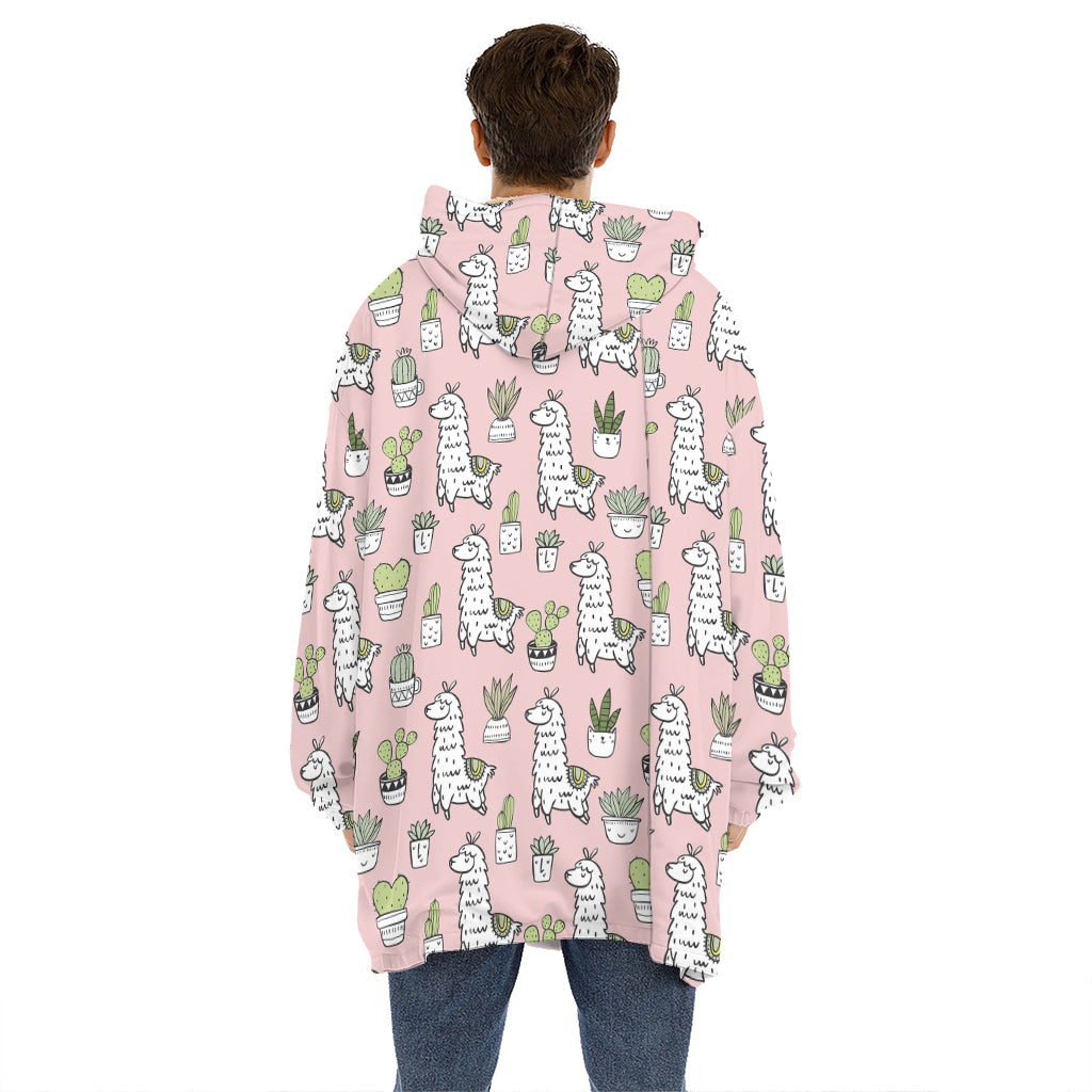 Cartoon Cactus And Llama Pattern Print Hoodie Blanket