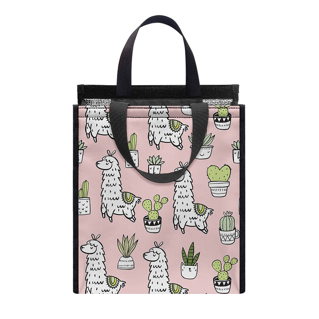 Cartoon Cactus And Llama Pattern Print Insulated Lunch Tote