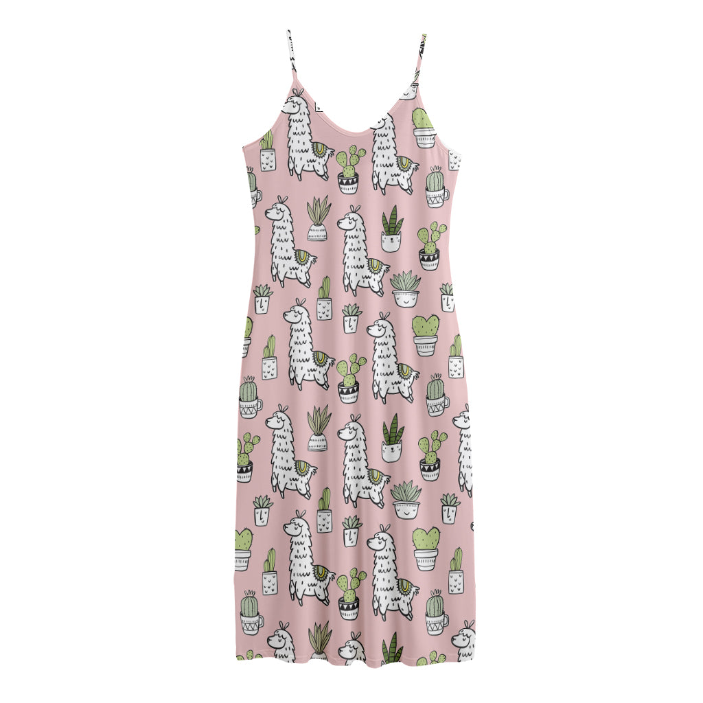 Cartoon Cactus And Llama Pattern Print Jersey Midi Cami Dress