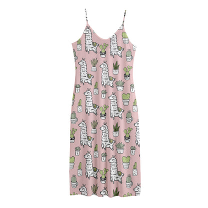 Cartoon Cactus And Llama Pattern Print Jersey Midi Cami Dress