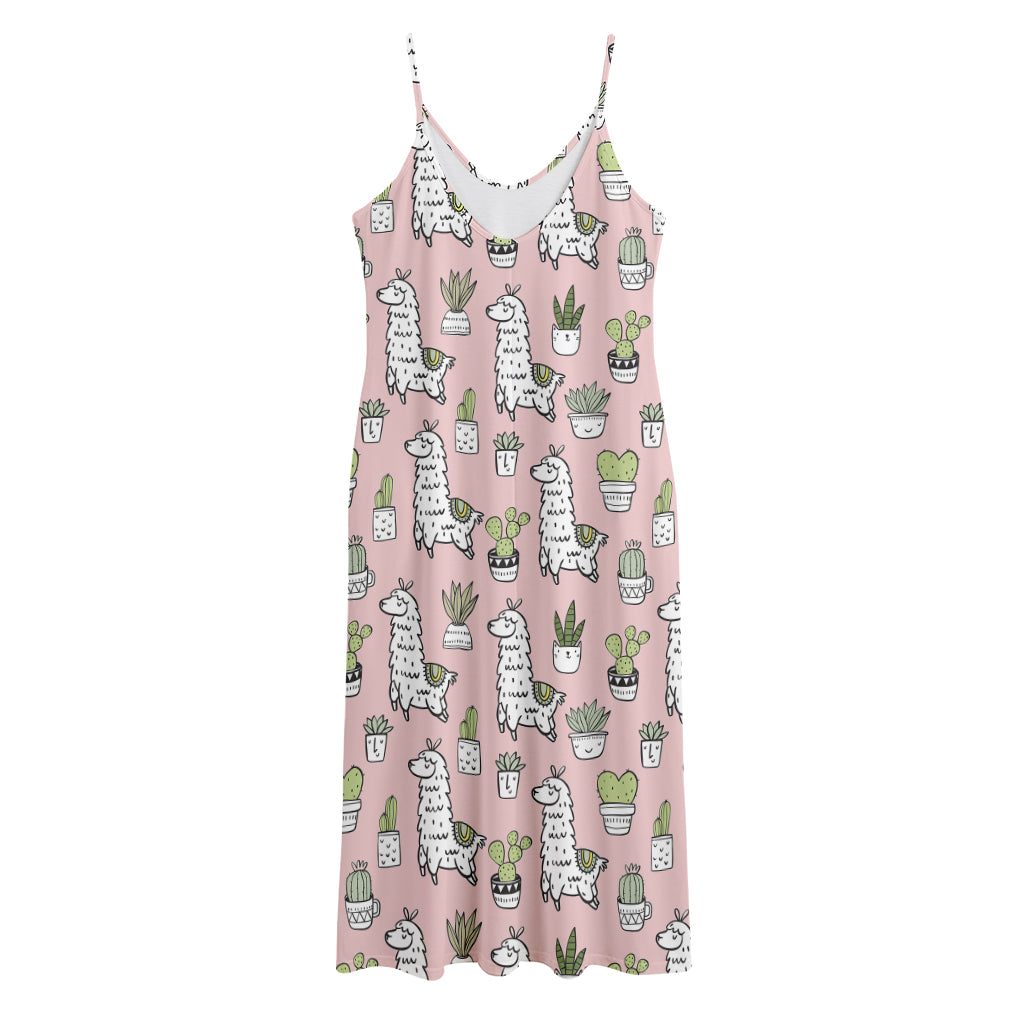 Cartoon Cactus And Llama Pattern Print Jersey Midi Cami Dress
