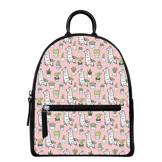 Cartoon Cactus And Llama Pattern Print Leather Backpack