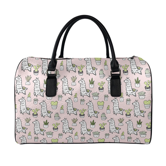 Cartoon Cactus And Llama Pattern Print Leather Duffle Bag