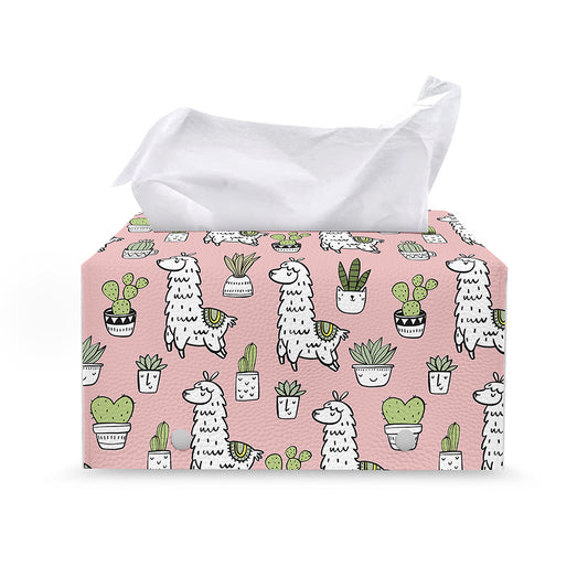 Cartoon Cactus And Llama Pattern Print Leather Tissue Box Cover