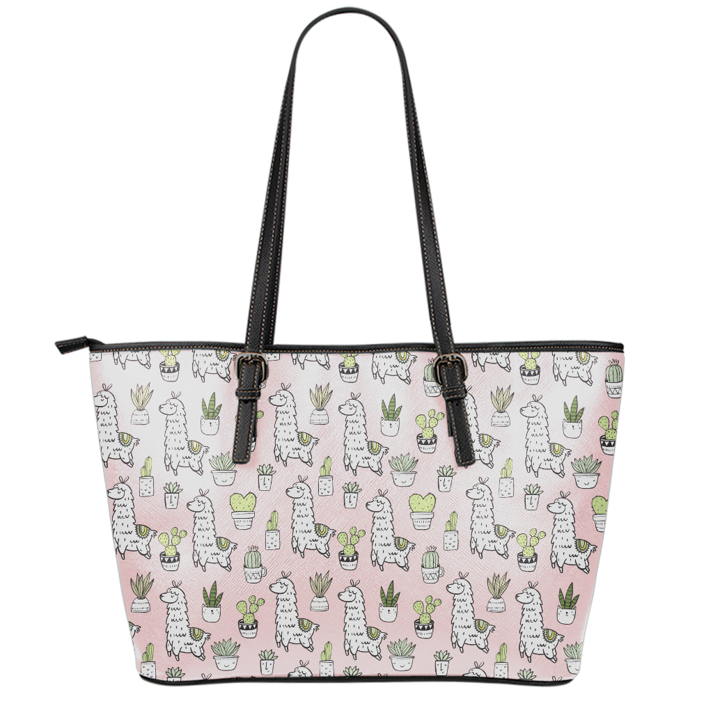 Cartoon Cactus And Llama Pattern Print Leather Tote Bag