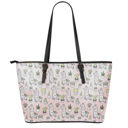 Cartoon Cactus And Llama Pattern Print Leather Tote Bag